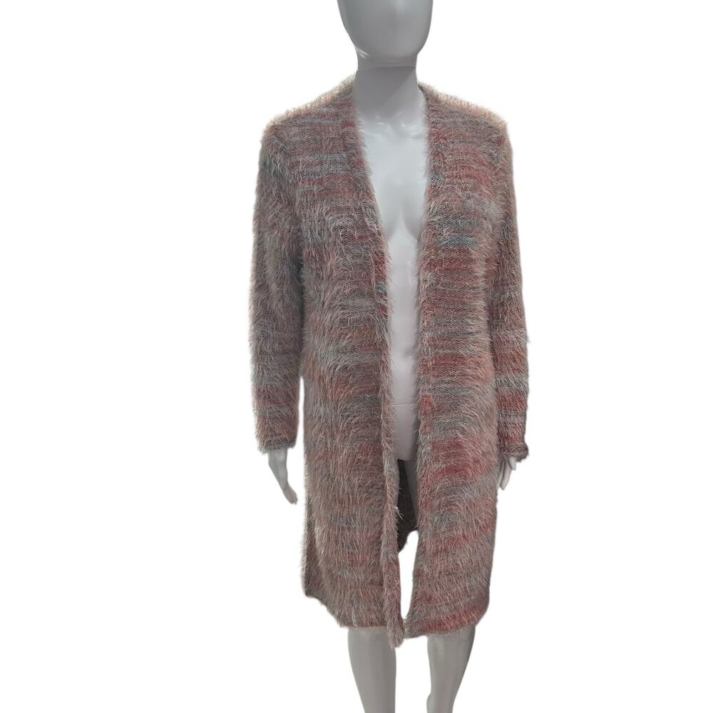 Candie's Sz M Pink Gray Fuzzy Long Sweater Cardigan Open Pink Grey Duster